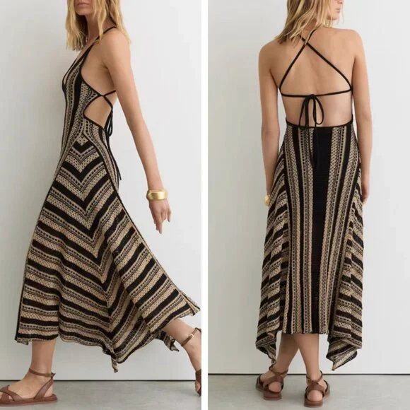 BEST REISS Annie Stripe Crochet-Knit Tie-Back Maxi Dress XS/S/M Black/Neutral - Picture 2 of 13